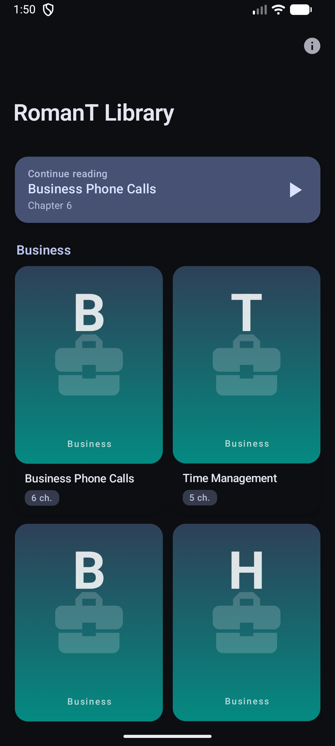 App catalog screen in dark theme showing topic cards