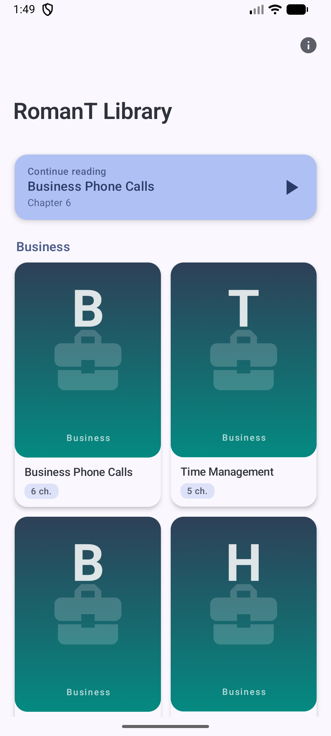 RomanT Library catalog screen with Continue Reading card and Business topic cards
