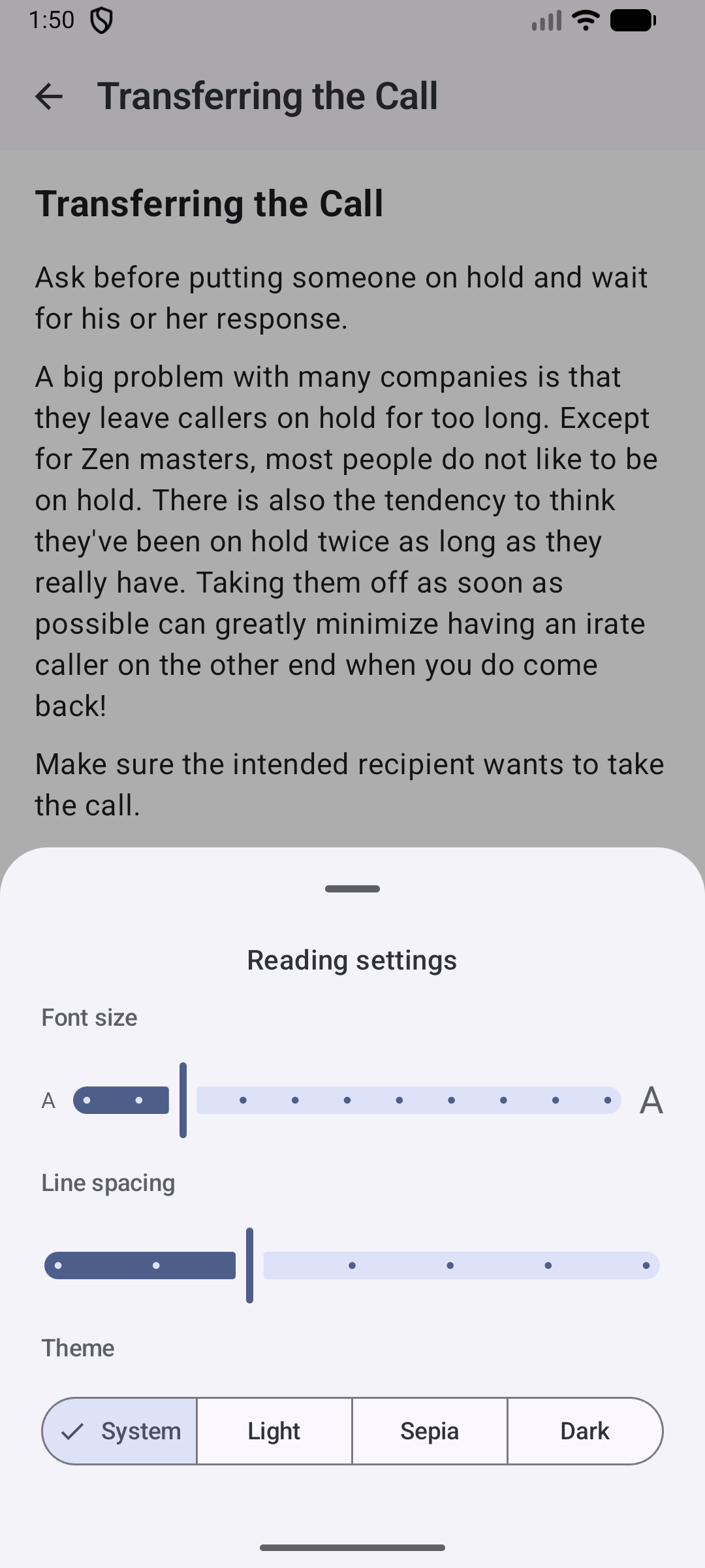 Reader settings screen with light, sepia and dark themes and font size control