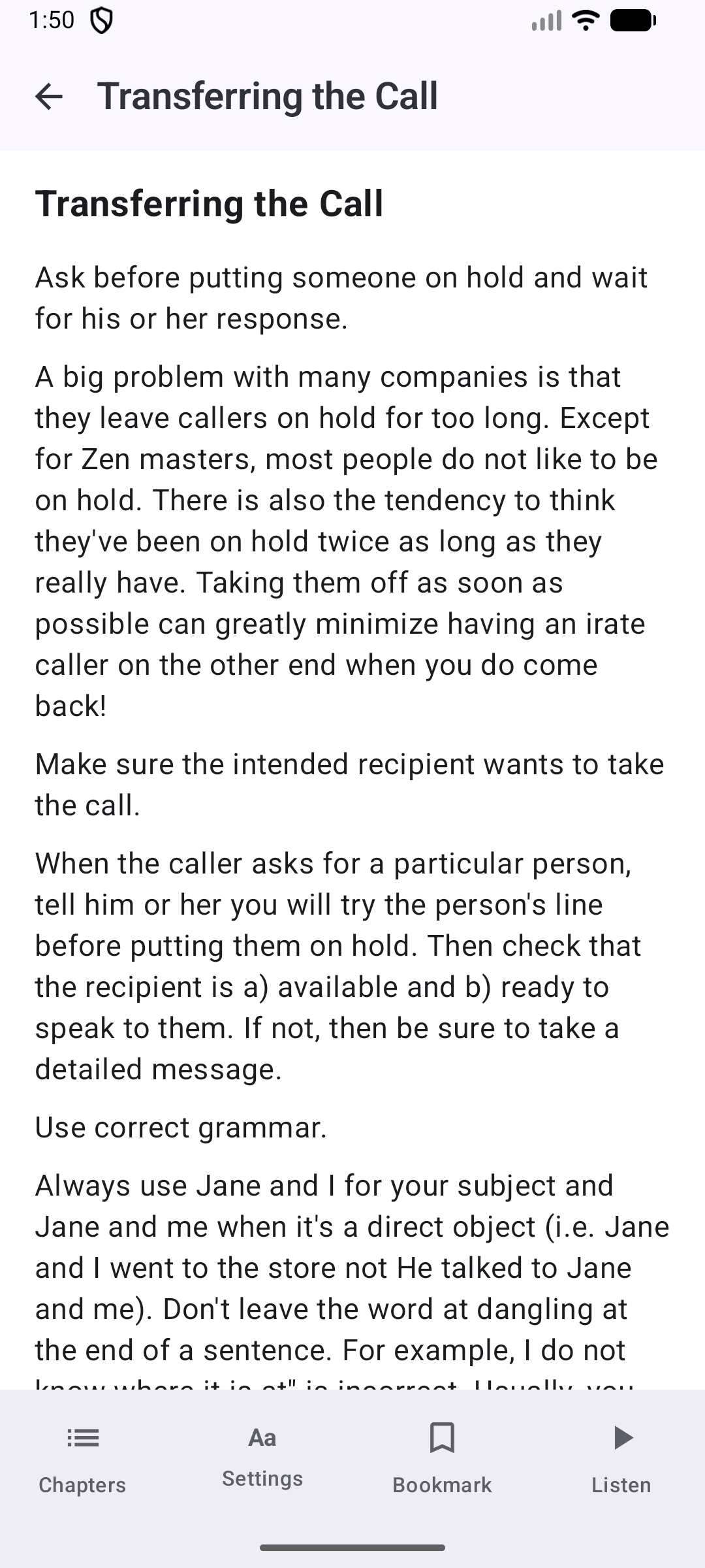 Reader screen showing a chapter of business phone call etiquette tips
